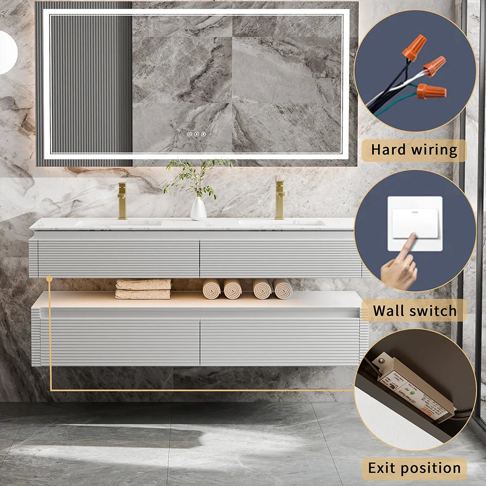60 Inch Floating Bathroom Vanity with LED Lights & Double Sinks