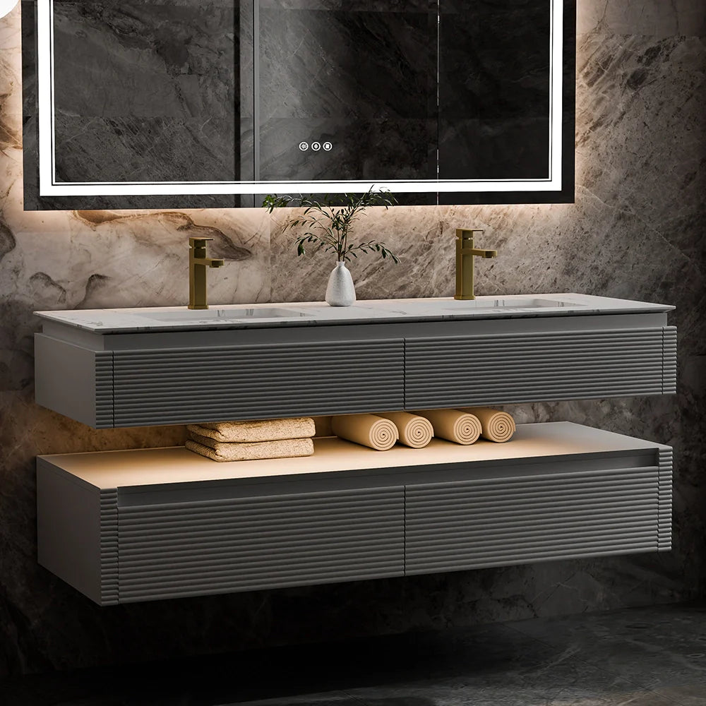 60 Inch Floating Bathroom Vanity with LED Lights & Double Sinks