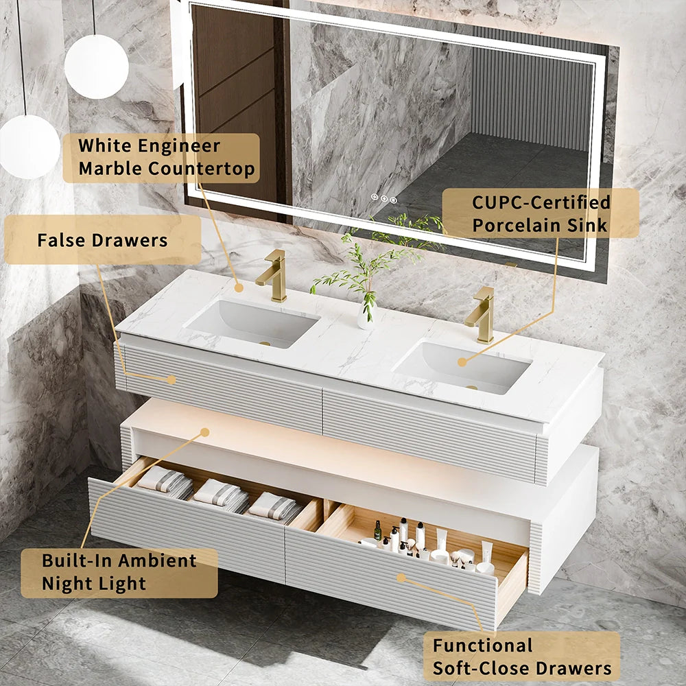 60 Inch Floating Bathroom Vanity with LED Lights & Double Sinks