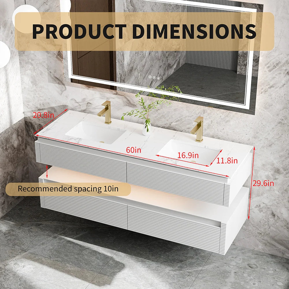 60 Inch Floating Bathroom Vanity with LED Lights & Double Sinks