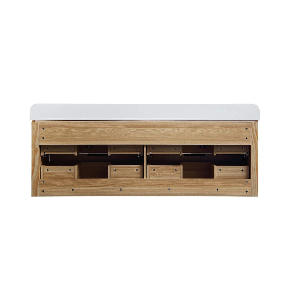 60 Inch Oak Bathroom Floating Vanity with Acrylic Double Sink