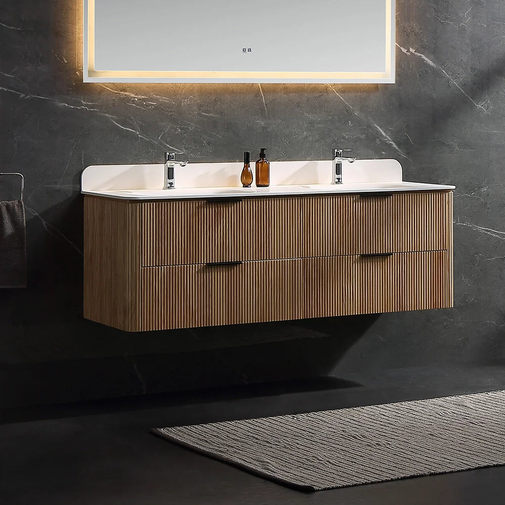 60 Inch Oak Bathroom Floating Vanity with Acrylic Double Sink
