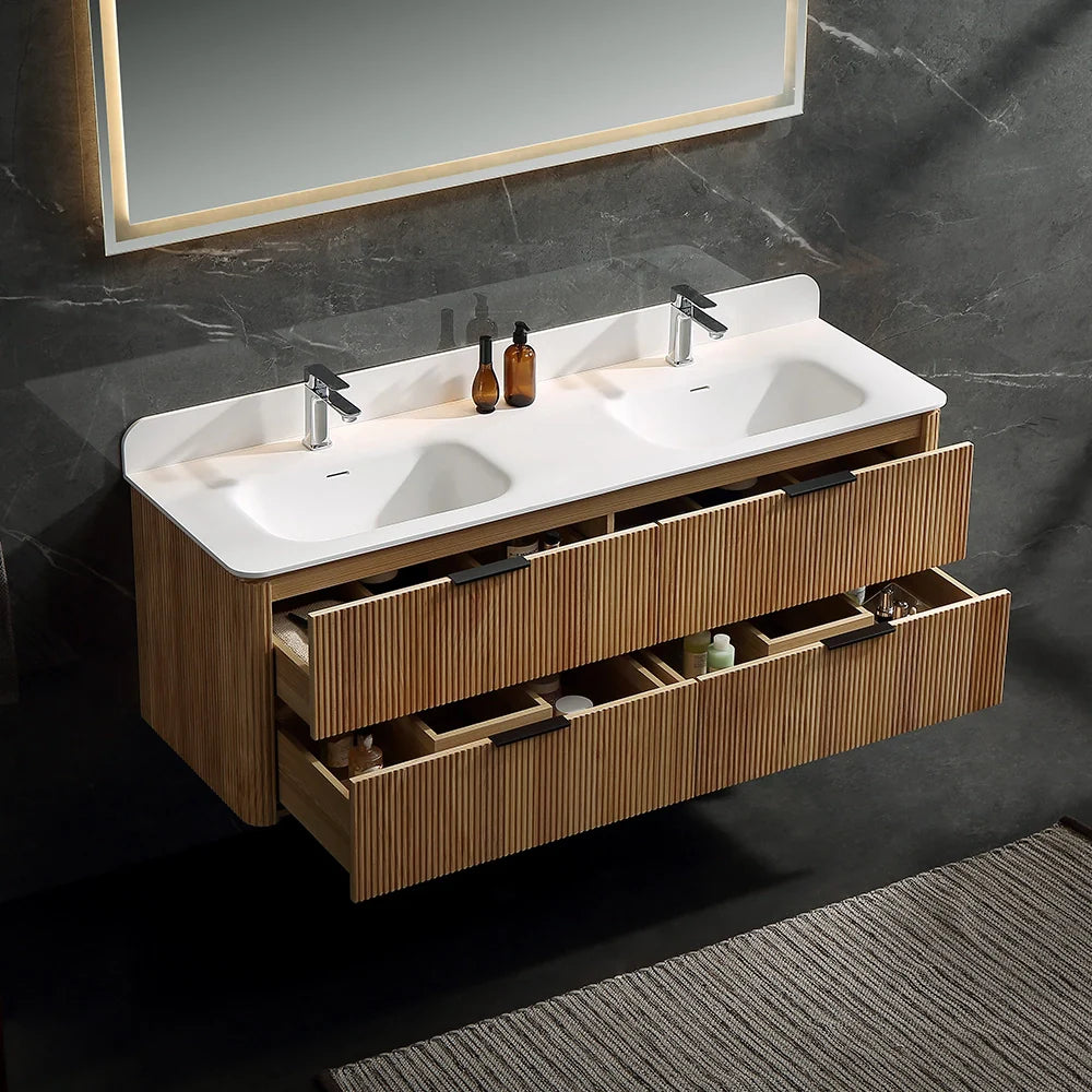 60 Inch Oak Bathroom Floating Vanity with Acrylic Double Sink