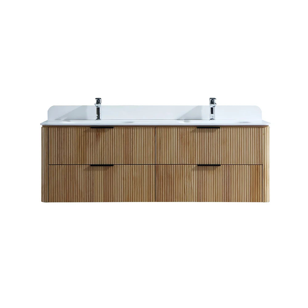 60 Inch Oak Bathroom Floating Vanity with Acrylic Double Sink