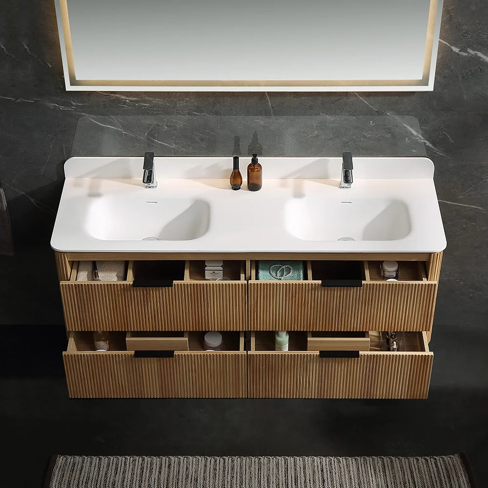 60 Inch Oak Bathroom Floating Vanity with Acrylic Double Sink