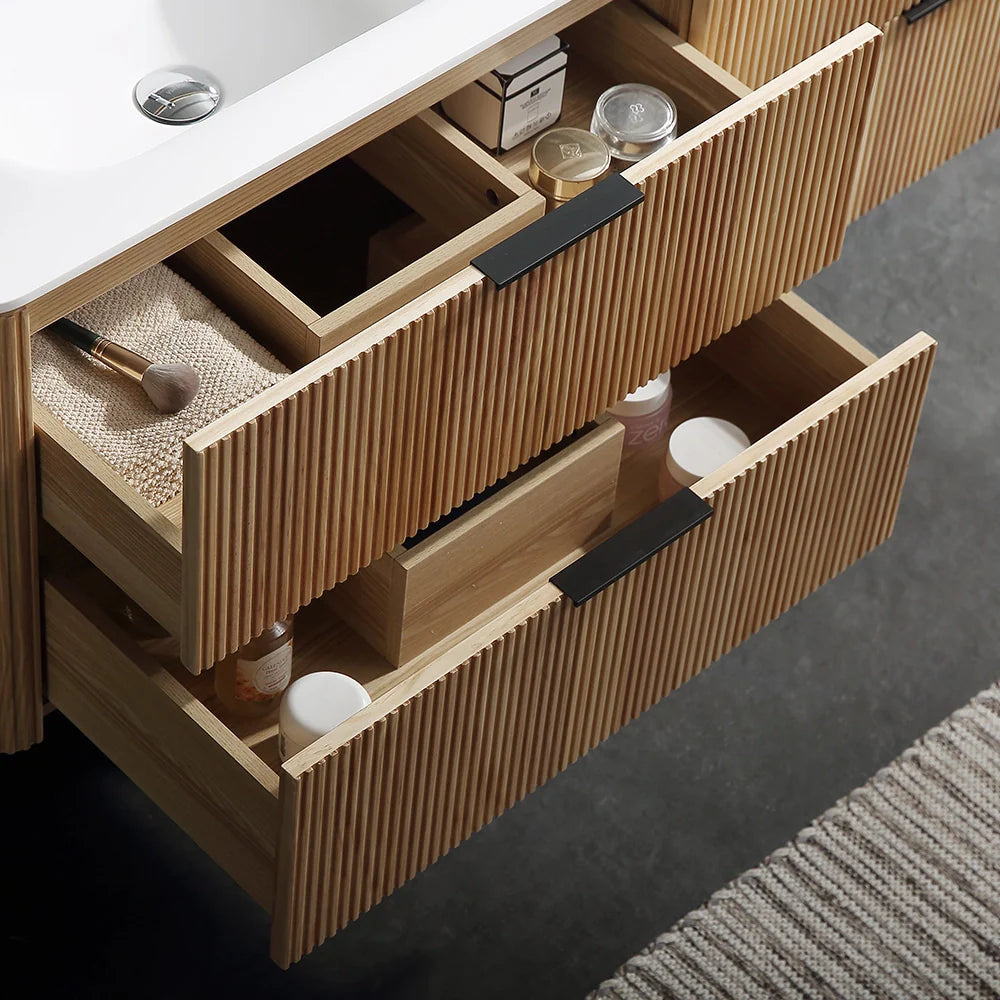 60 Inch Oak Bathroom Floating Vanity with Acrylic Double Sink