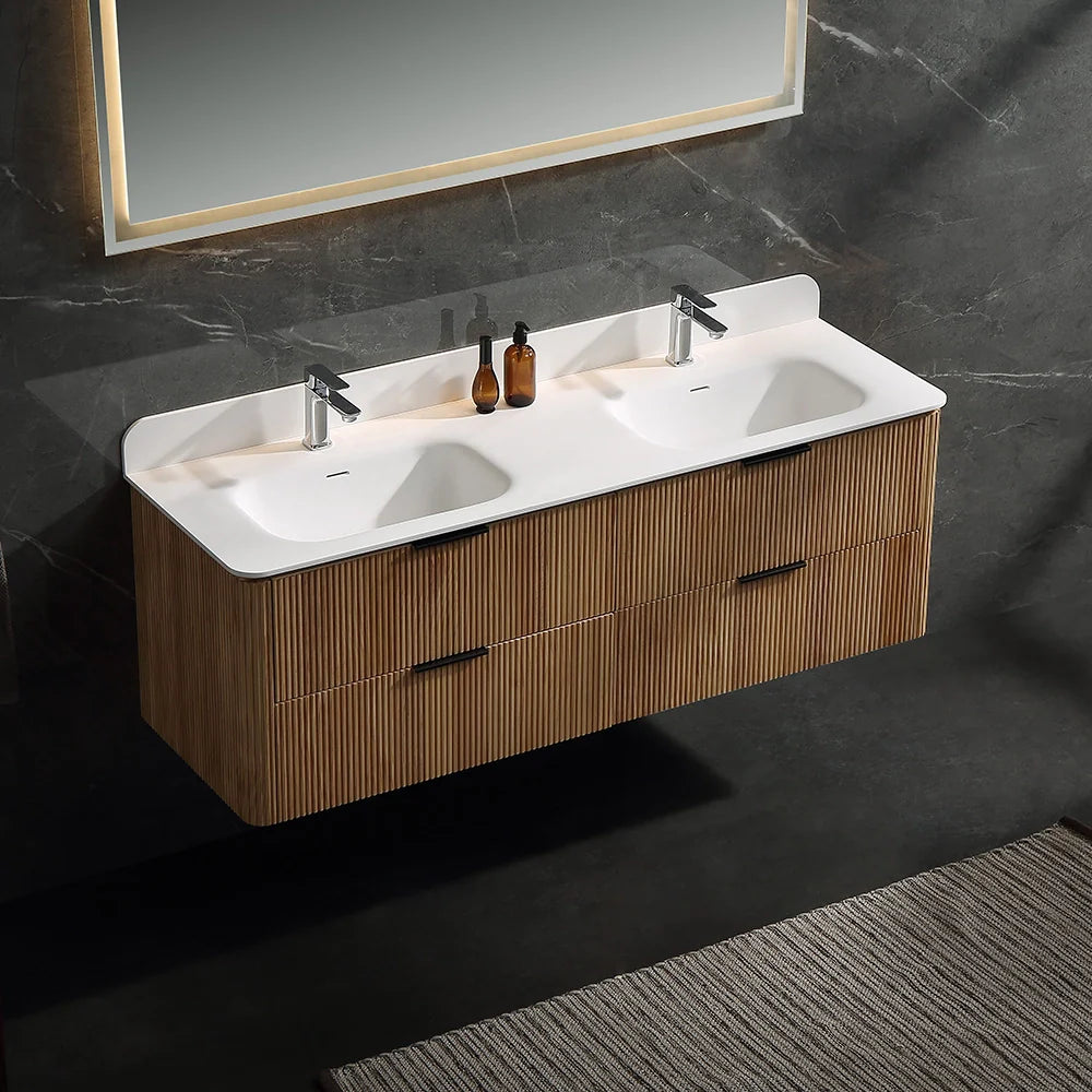 60 Inch Oak Bathroom Floating Vanity with Acrylic Double Sink