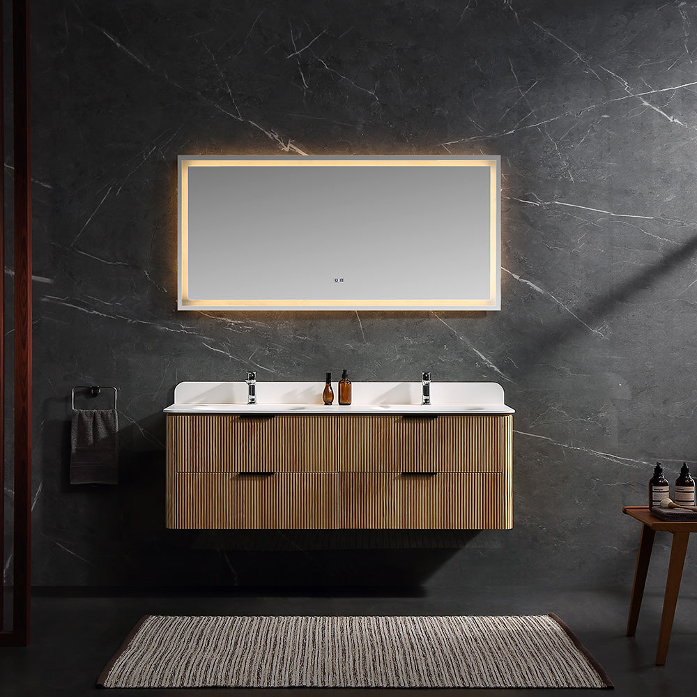 60 Inch Oak Bathroom Floating Vanity with Acrylic Double Sink