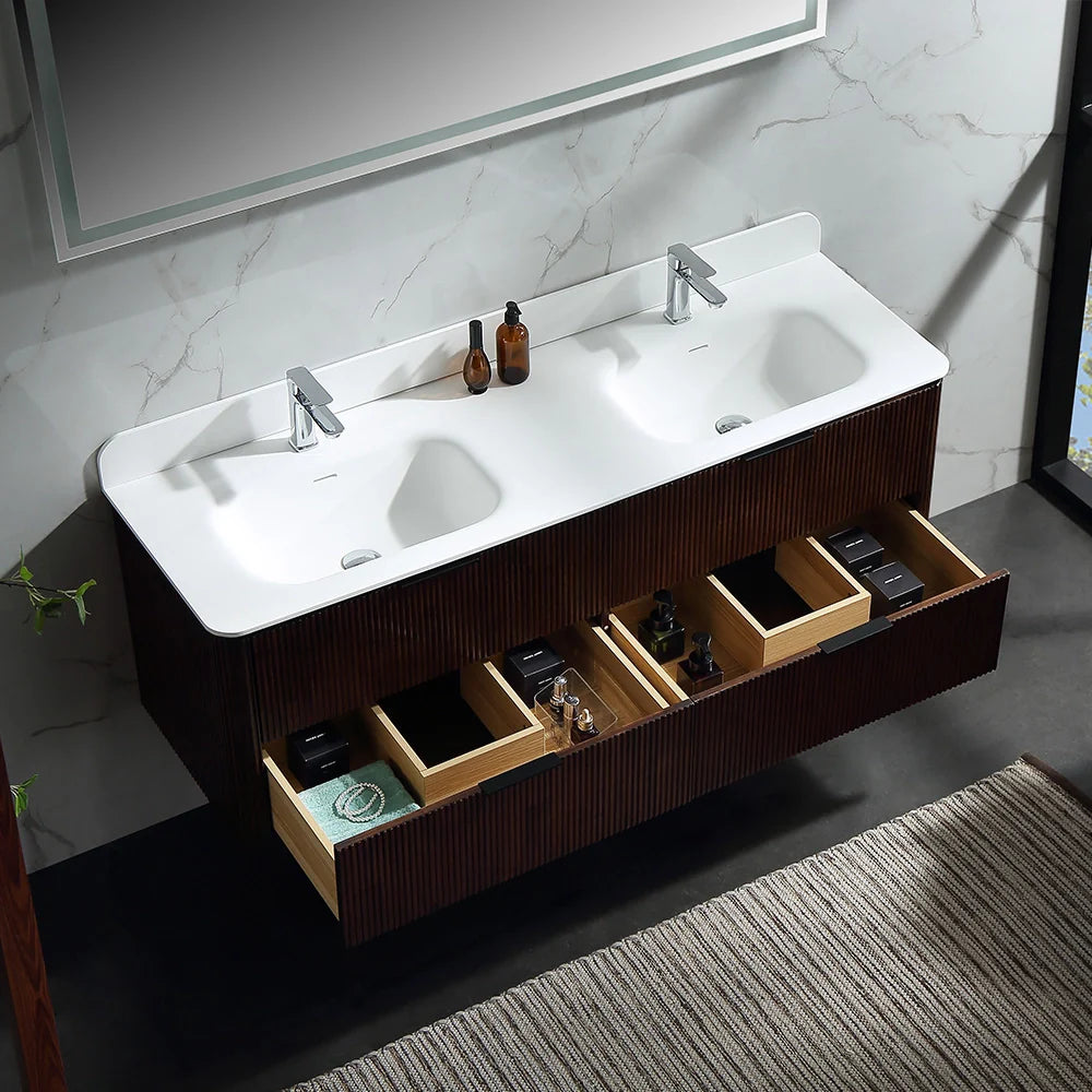 60 Inch Oak Bathroom Floating Vanity with Acrylic Double Sink