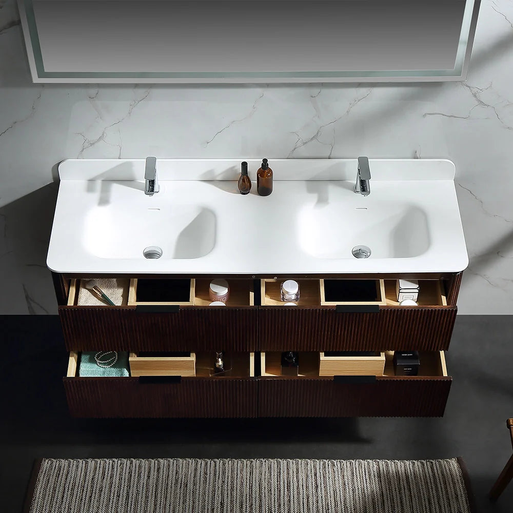 60 Inch Oak Bathroom Floating Vanity with Acrylic Double Sink
