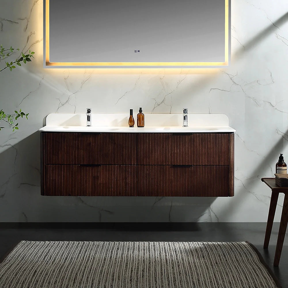 60 Inch Oak Bathroom Floating Vanity with Acrylic Double Sink