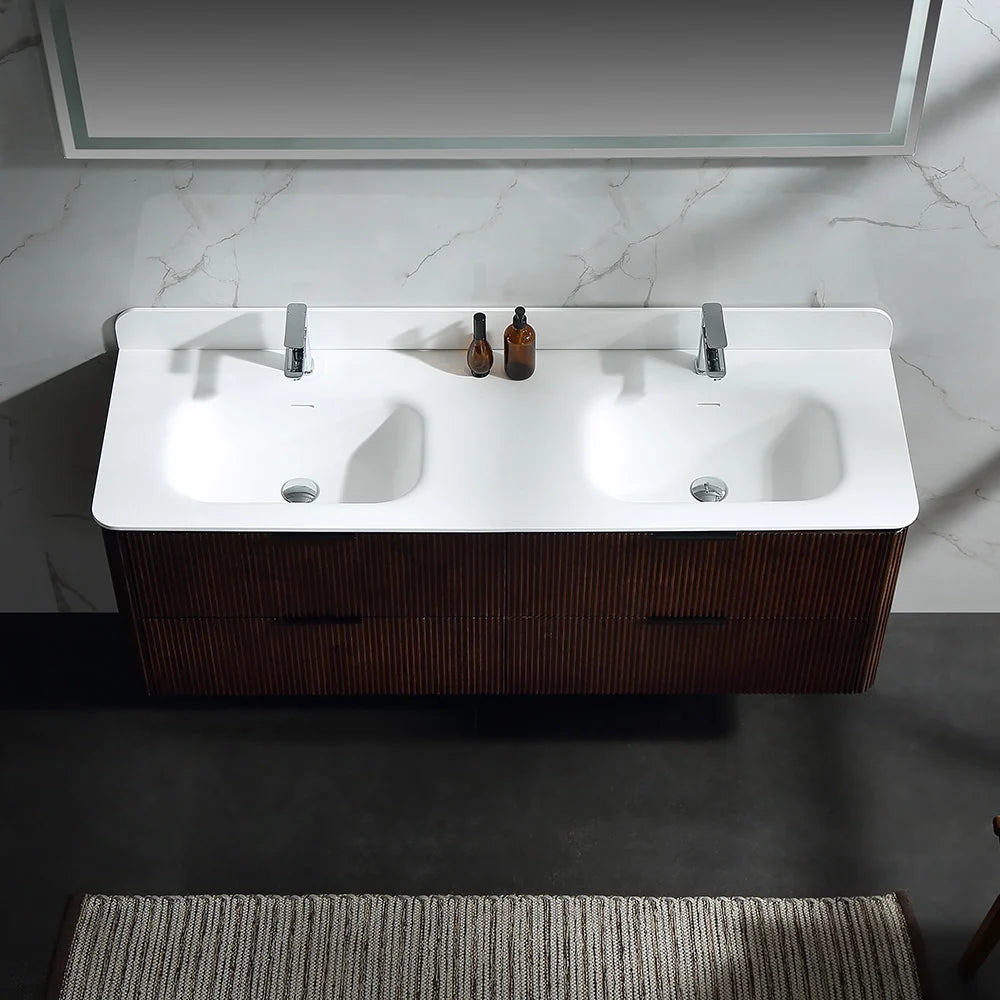 60 Inch Oak Bathroom Floating Vanity with Acrylic Double Sink