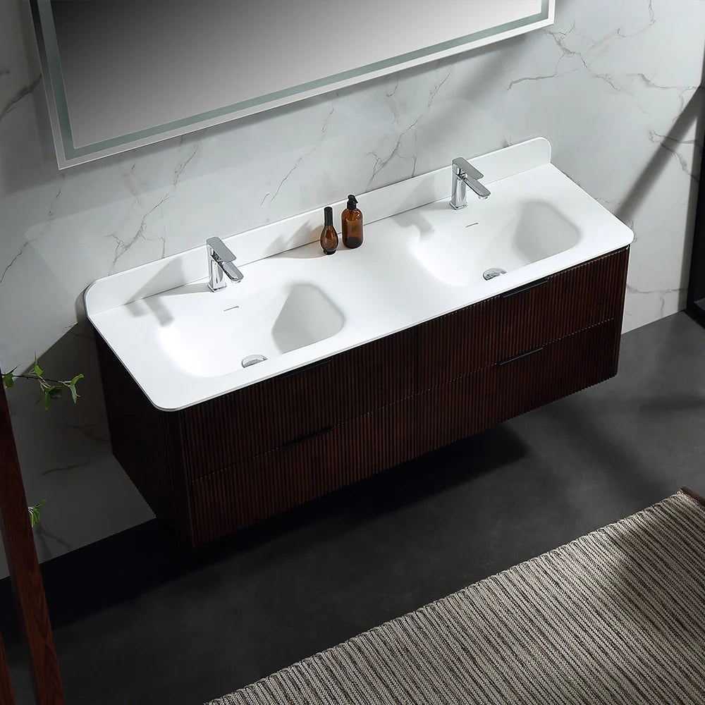 60 Inch Oak Bathroom Floating Vanity with Acrylic Double Sink