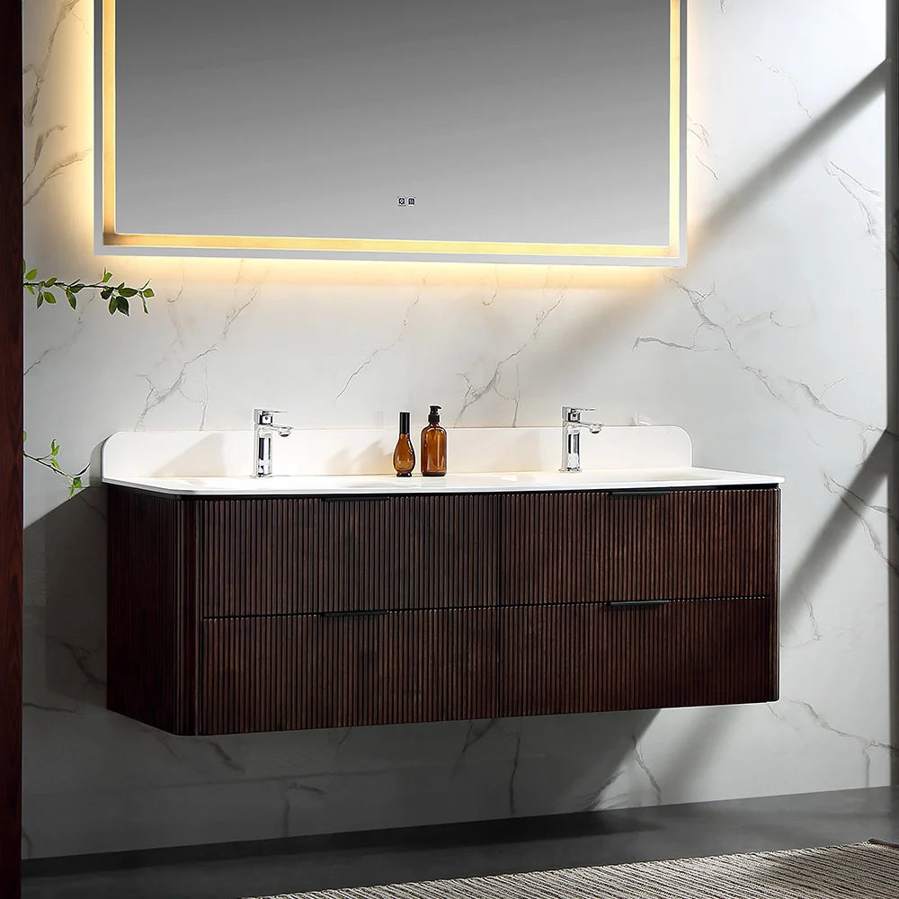 60 Inch Oak Bathroom Floating Vanity with Acrylic Double Sink