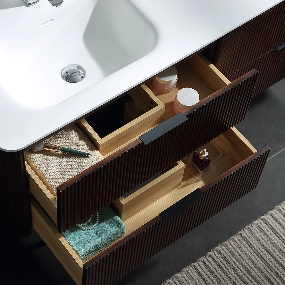 60 Inch Oak Bathroom Floating Vanity with Acrylic Double Sink