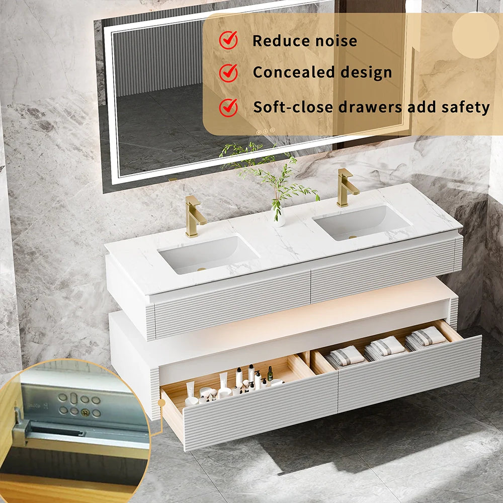 60 Inch Floating Bathroom Vanity with LED Lights & Double Sinks