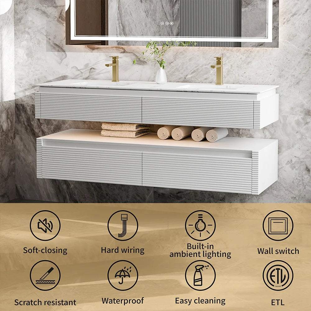 60 Inch Floating Bathroom Vanity with LED Lights & Double Sinks
