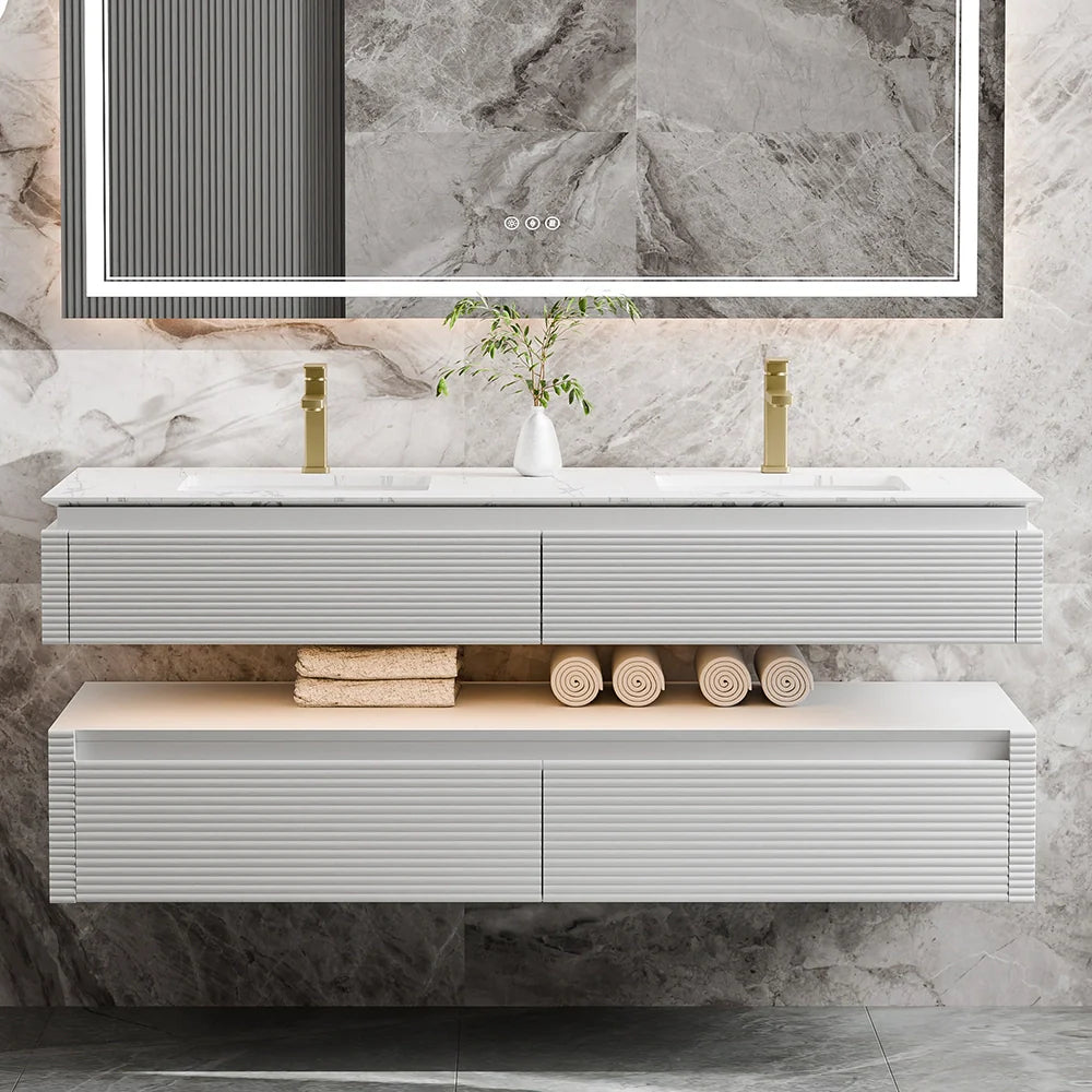 60 Inch Floating Bathroom Vanity with LED Lights & Double Sinks