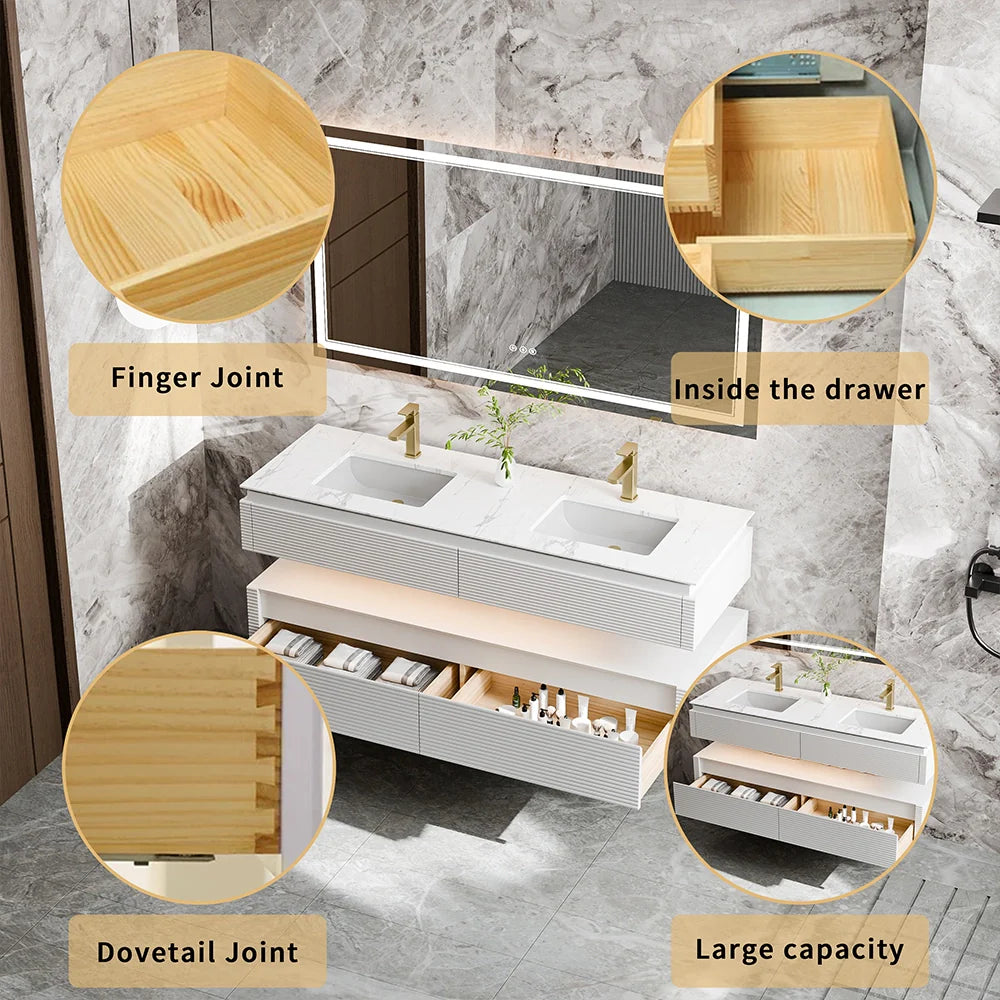 60 Inch Floating Bathroom Vanity with LED Lights & Double Sinks