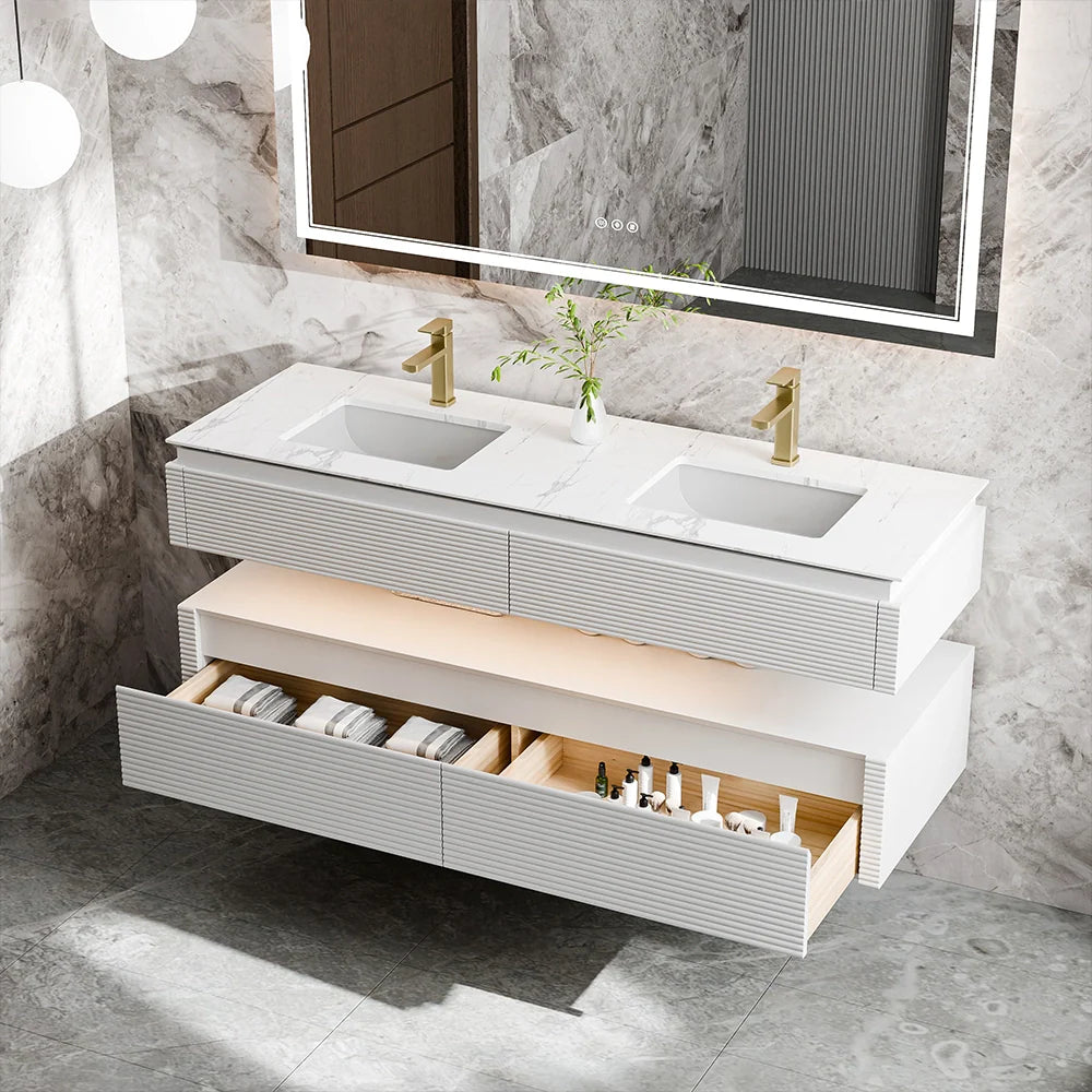 60 Inch Floating Bathroom Vanity with LED Lights & Double Sinks