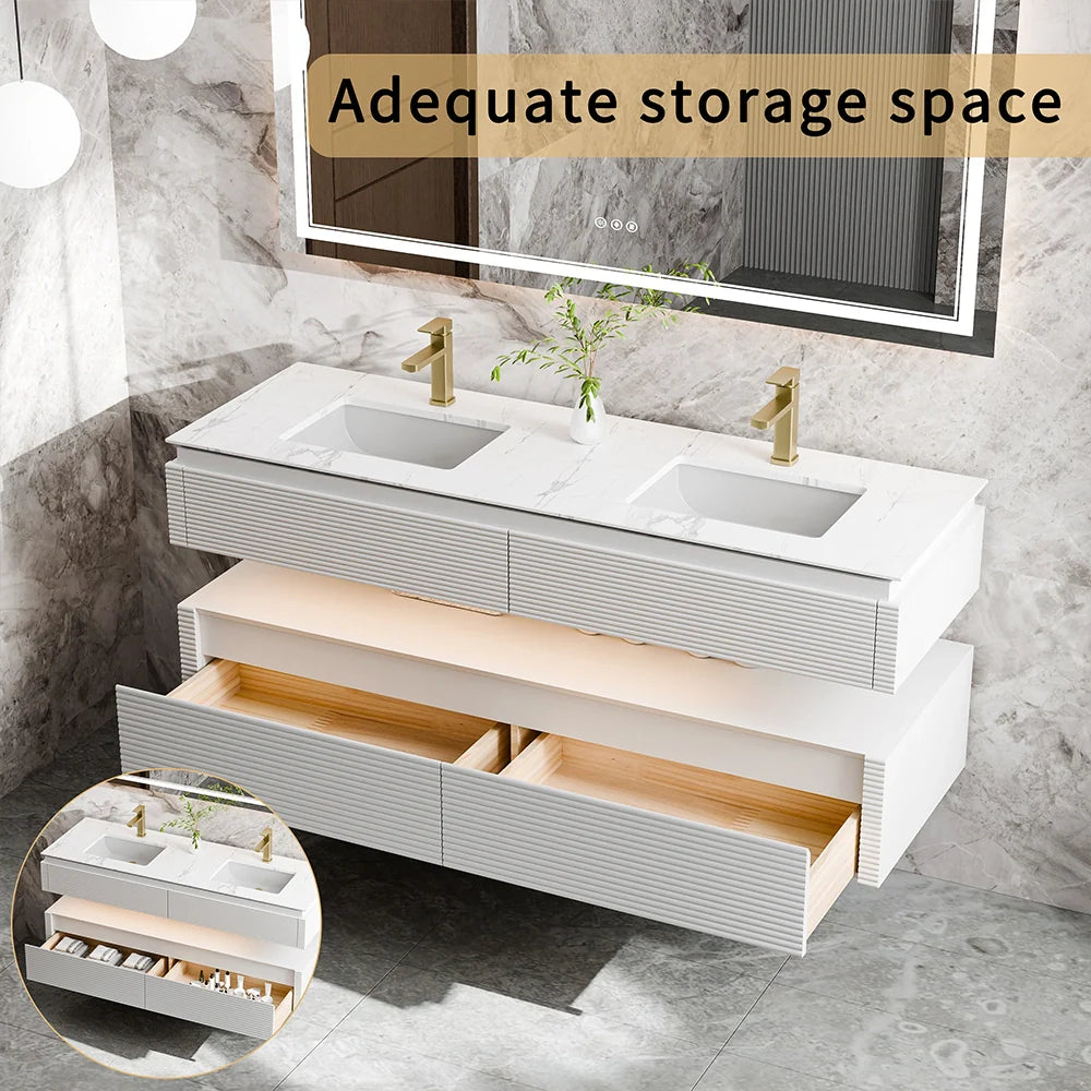 60 Inch Floating Bathroom Vanity with LED Lights & Double Sinks