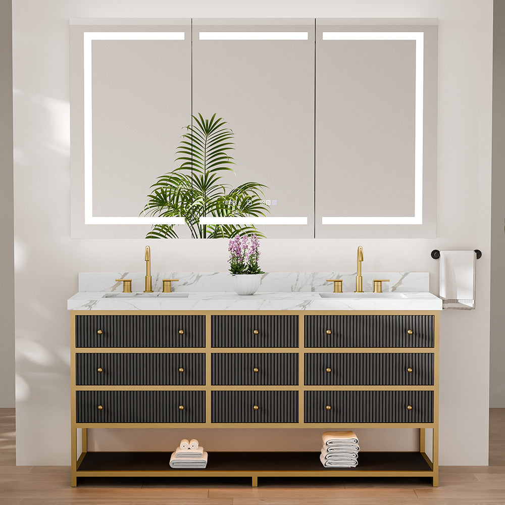 72-In Fluted Solid Wood Luxury Gold Bathroom Vanity, PU Lacquer – Double Sink