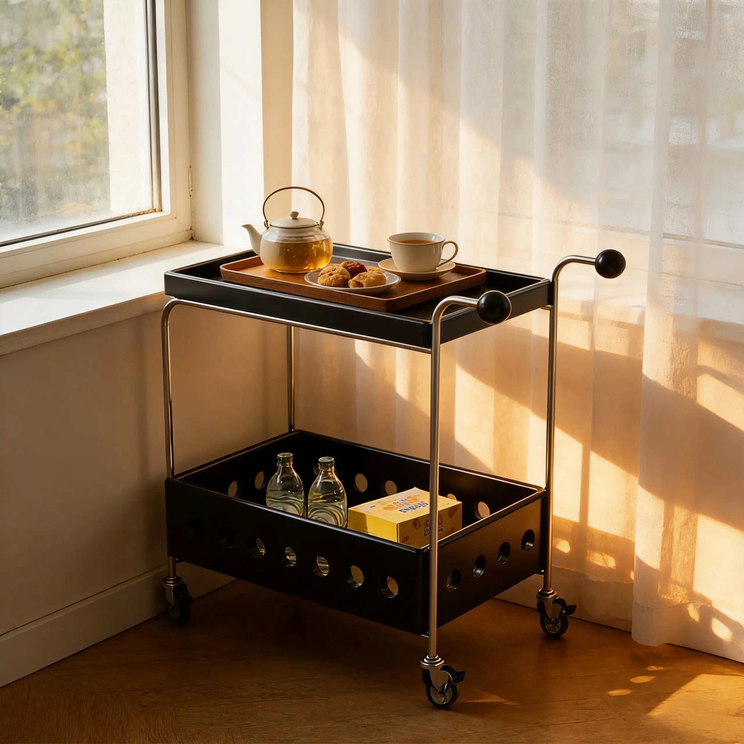 Orin Rolling Serving Cart with Wheels – 2-Tier Solid Wood Kitchen Storage & Mobile Beverage Utility Bar Cart Organizer