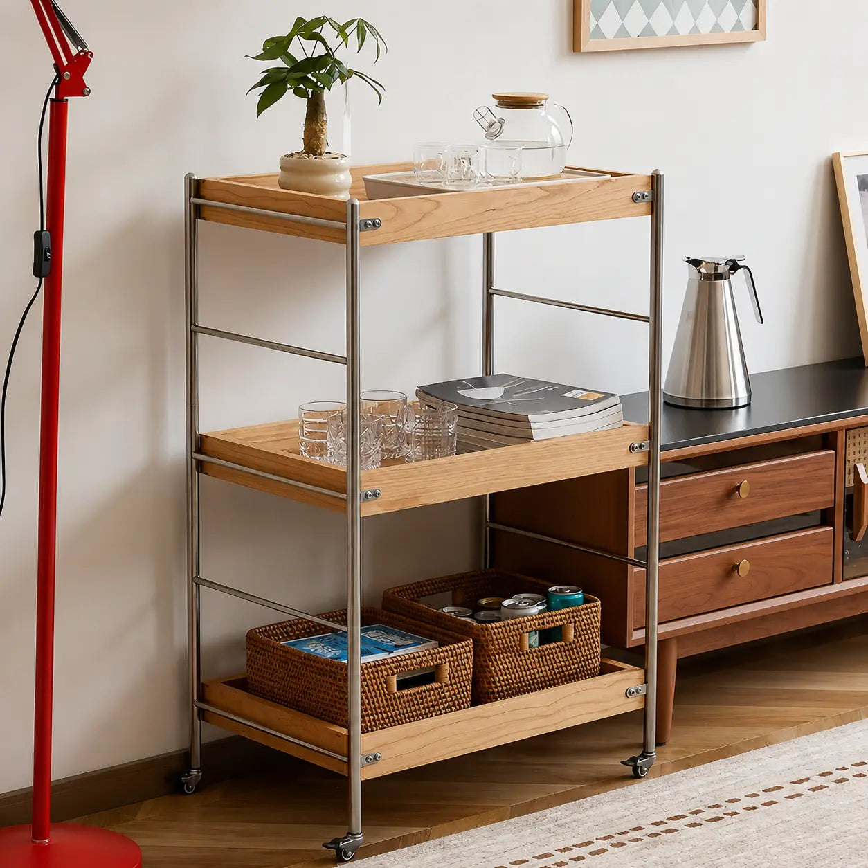 Solid Wood Rolling Cart with Wheels – 4-Tier Walnut Storage Shelves & Mobile Utility Organizer Rack for Apartments