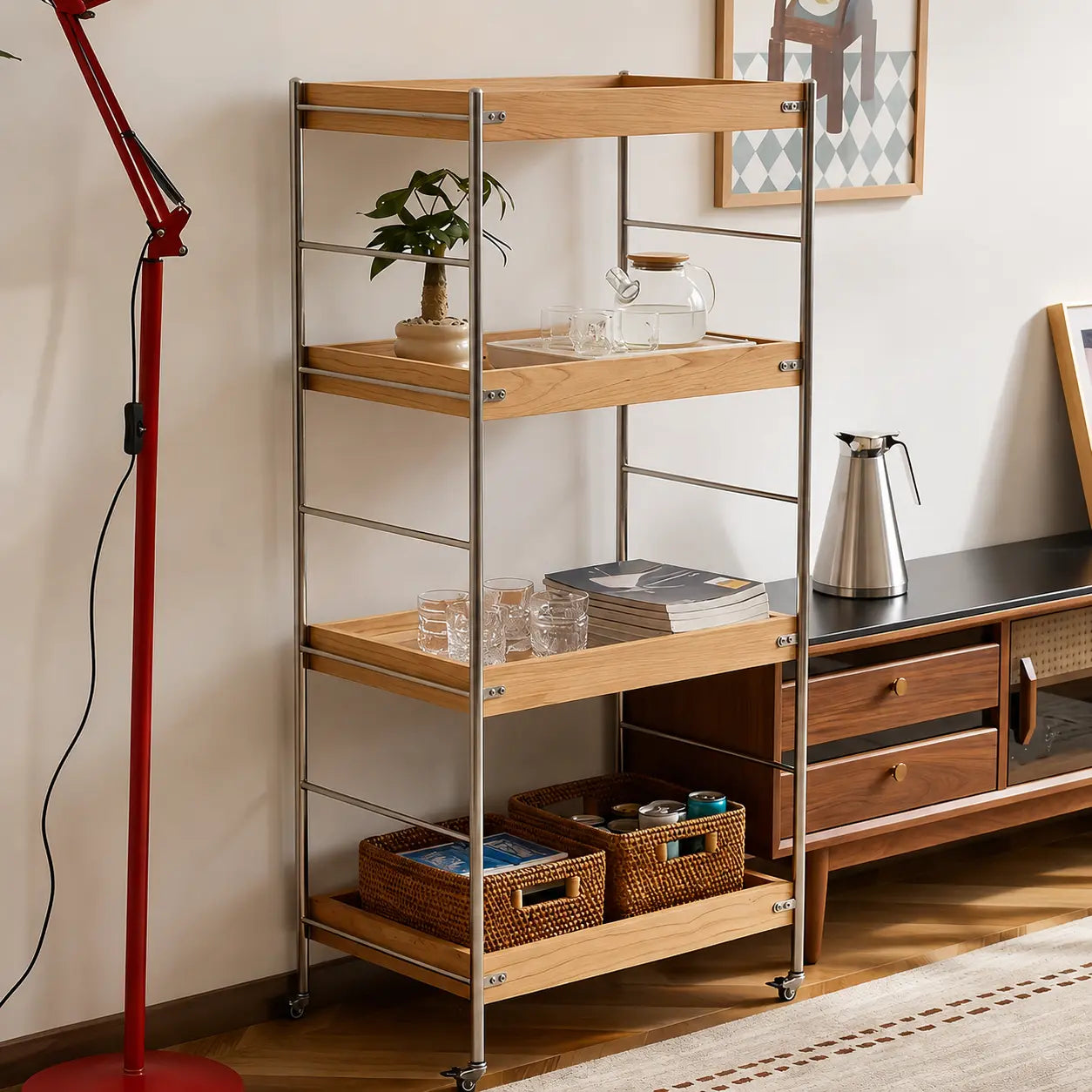 Solid Wood Rolling Cart with Wheels – 4-Tier Walnut Storage Shelves & Mobile Utility Organizer Rack for Apartments