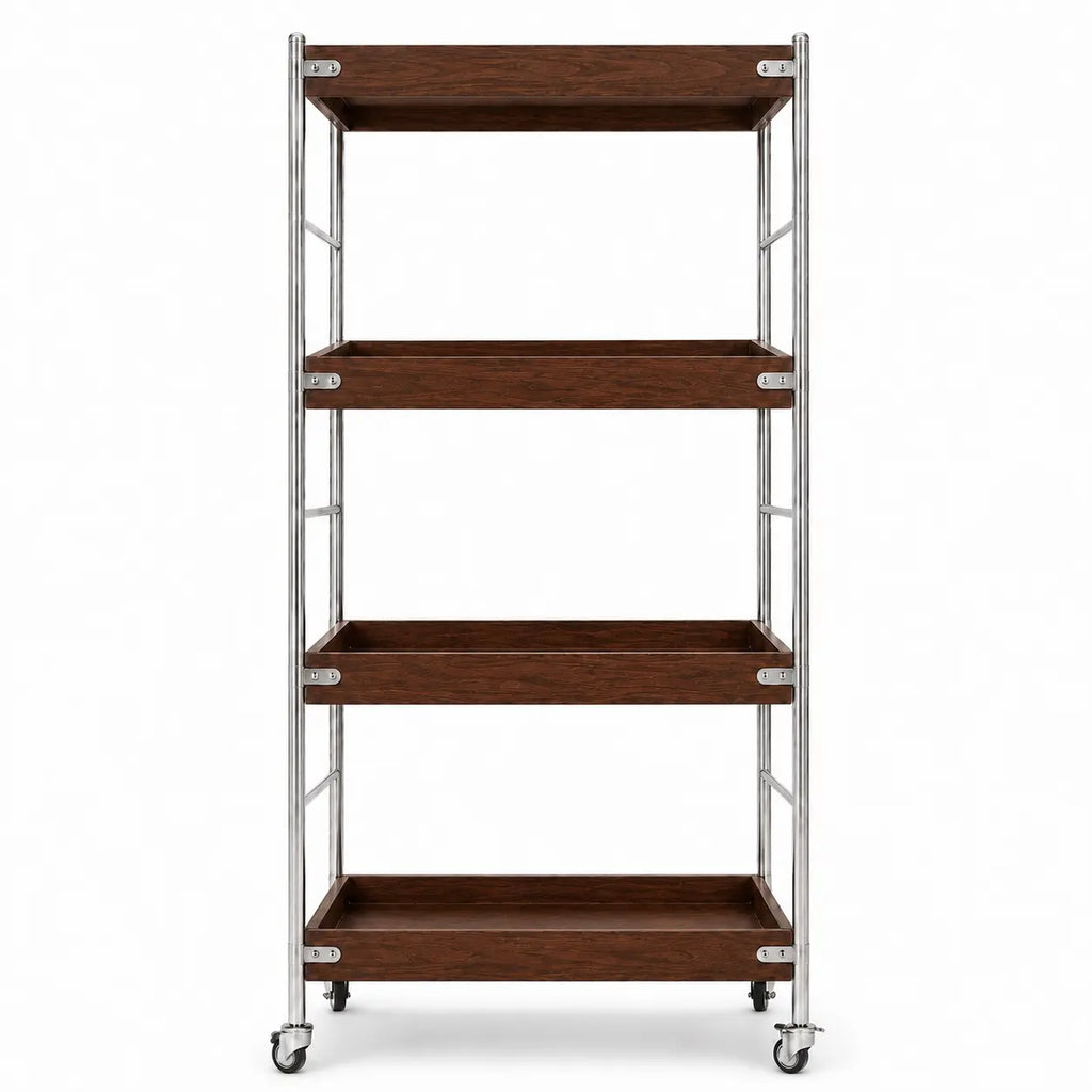 Solid Wood Rolling Cart with Wheels – 4-Tier Walnut Storage Shelves & Mobile Utility Organizer Rack for Apartments