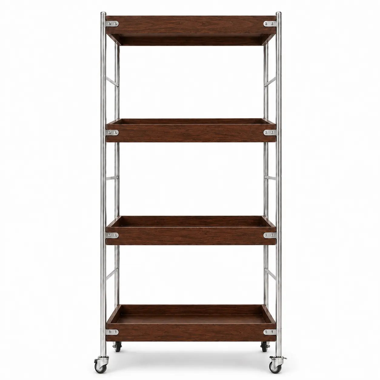 Solid Wood Rolling Cart with Wheels – 4-Tier Walnut Storage Shelves & Mobile Utility Organizer Rack for Apartments