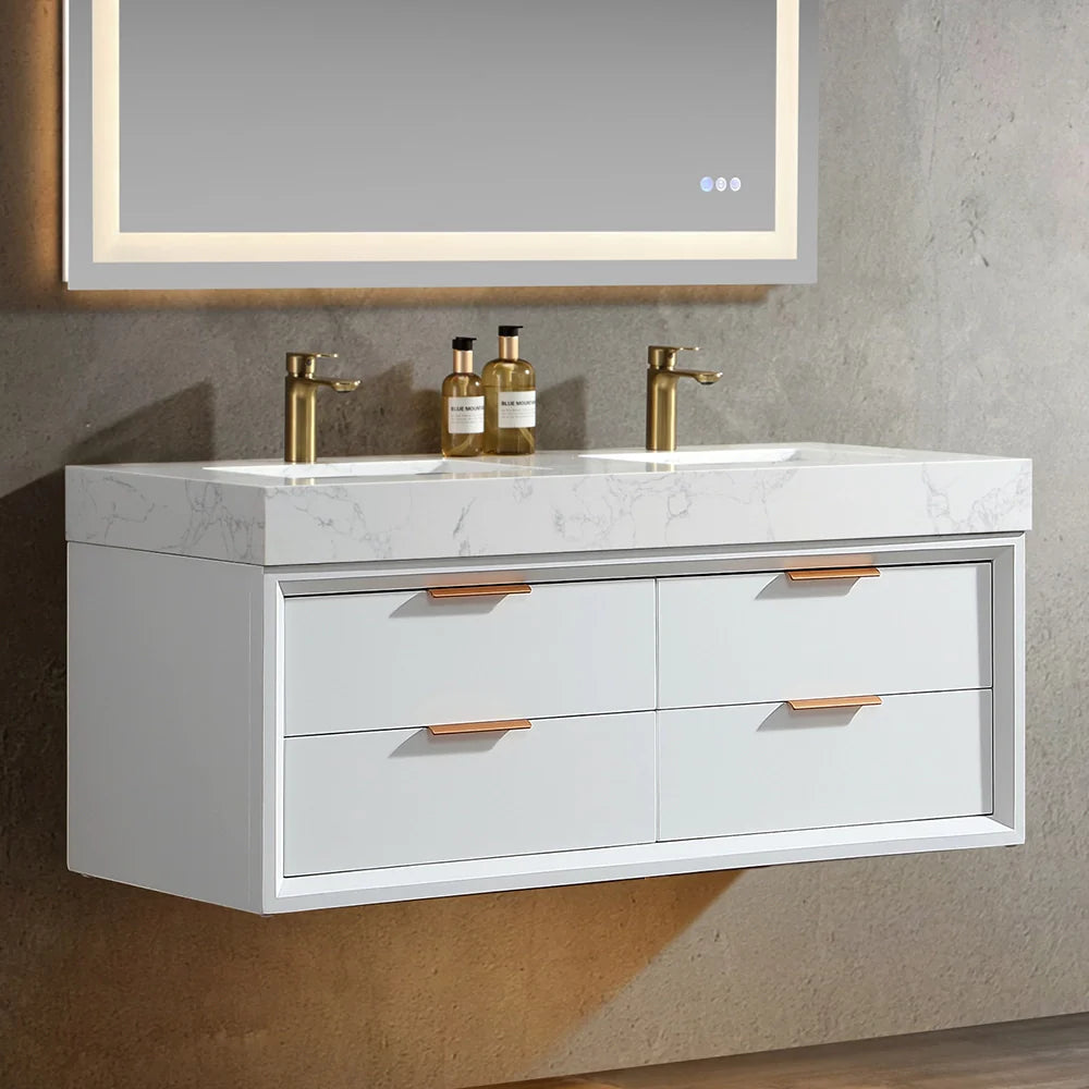48 Inch Modern Wall Mounted Double Bathroom Vanity with Marble Countertop