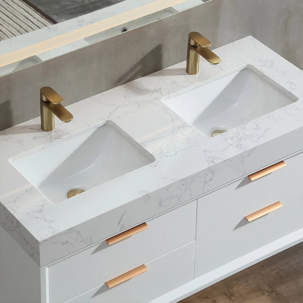 48 Inch Modern Wall Mounted Double Bathroom Vanity with Marble Countertop