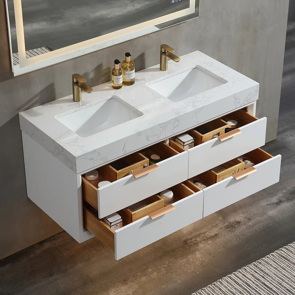 48 Inch Modern Wall Mounted Double Bathroom Vanity with Marble Countertop