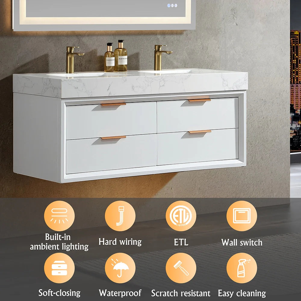 48 Inch Modern Wall Mounted Double Bathroom Vanity with Marble Countertop