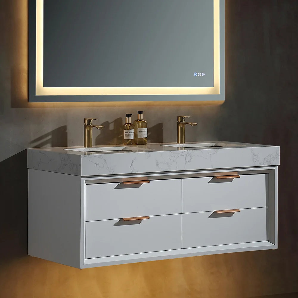 48 Inch Modern Wall Mounted Double Bathroom Vanity with Marble Countertop