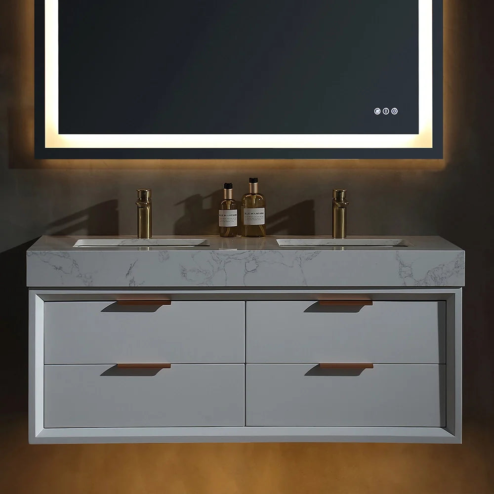 48 Inch Modern Wall Mounted Double Bathroom Vanity with Marble Countertop