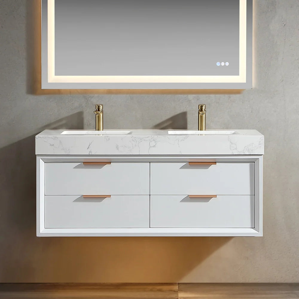 48 Inch Modern Wall Mounted Double Bathroom Vanity with Marble Countertop