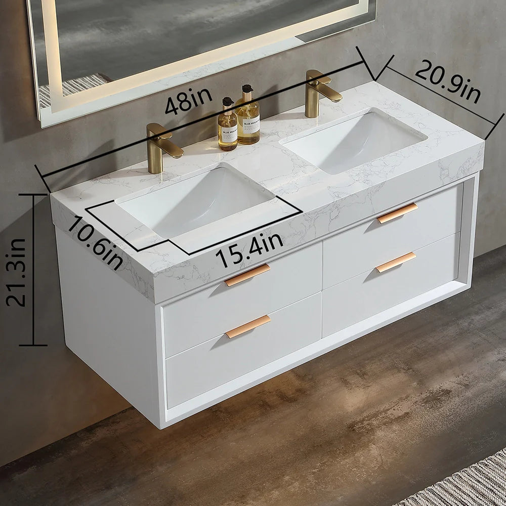 48 Inch Modern Wall Mounted Double Bathroom Vanity with Marble Countertop