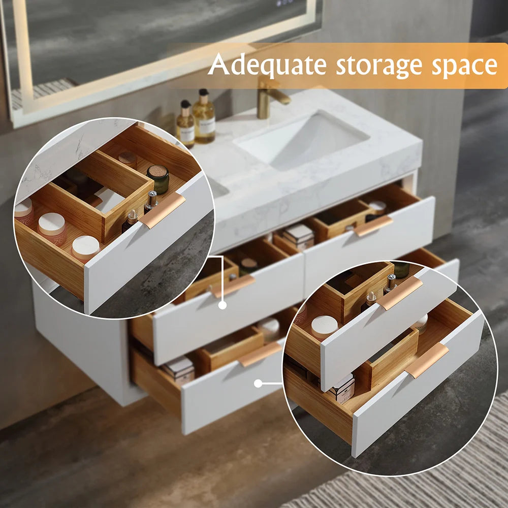 48 Inch Modern Wall Mounted Double Bathroom Vanity with Marble Countertop