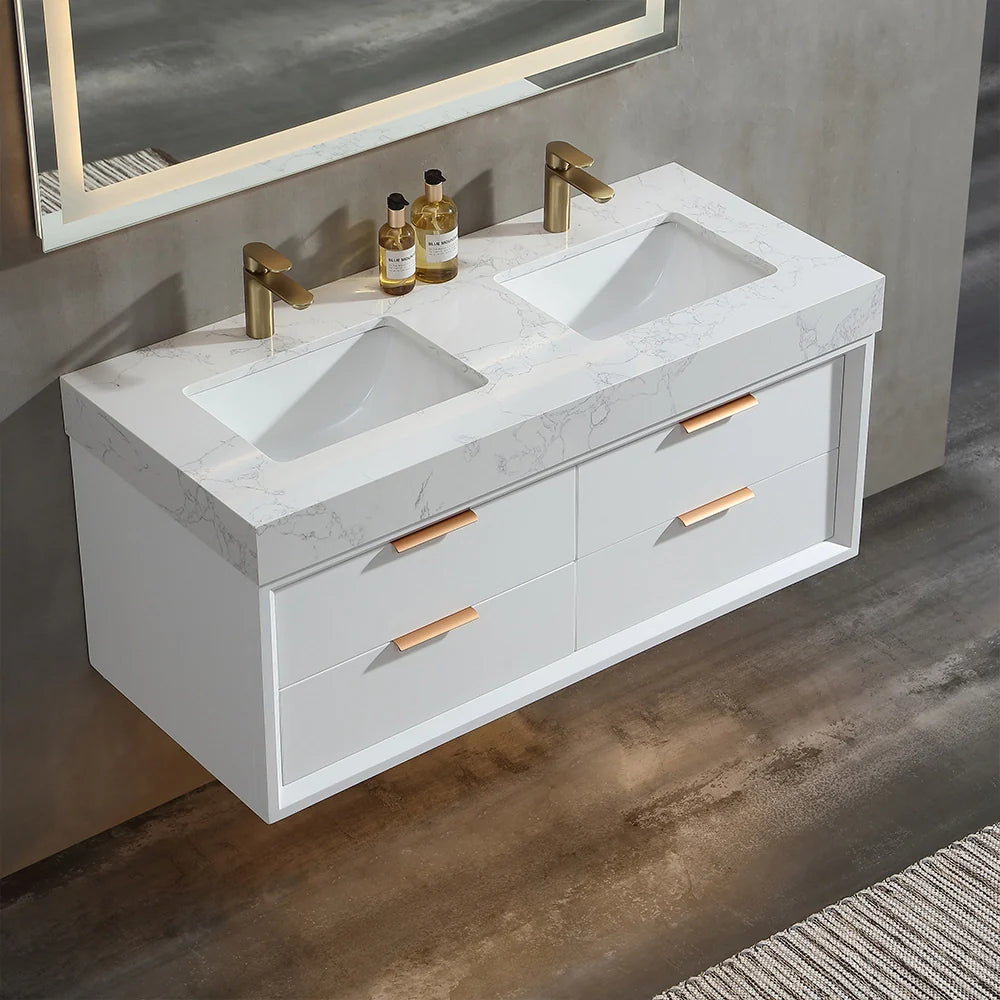 48 Inch Modern Wall Mounted Double Bathroom Vanity with Marble Countertop