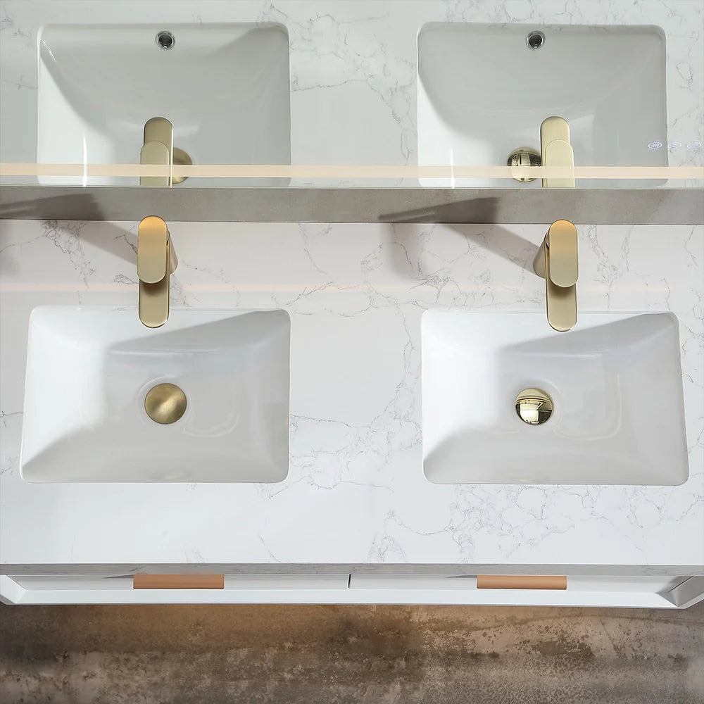 48 Inch Modern Wall Mounted Double Bathroom Vanity with Marble Countertop