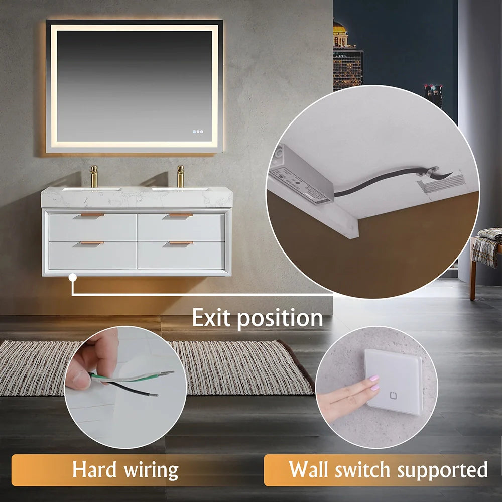 48 Inch Modern Wall Mounted Double Bathroom Vanity with Marble Countertop