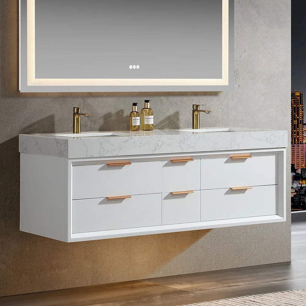 60 Inch Wall Mounted Double Bathroom Vanity with Marble Countertop