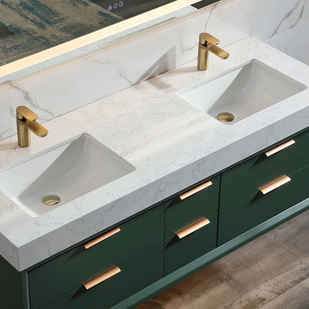 60 Inch Wall Mounted Double Bathroom Vanity with Marble Countertop