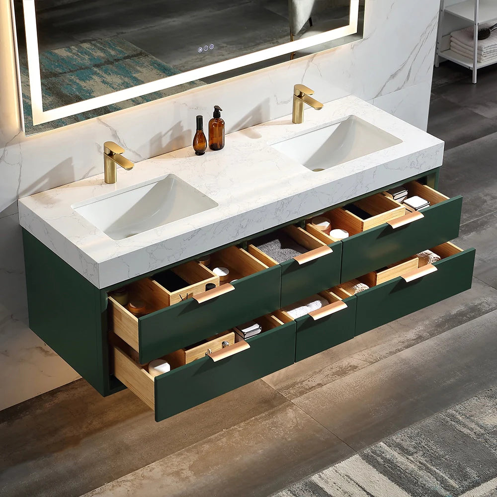 60 Inch Wall Mounted Double Bathroom Vanity with Marble Countertop