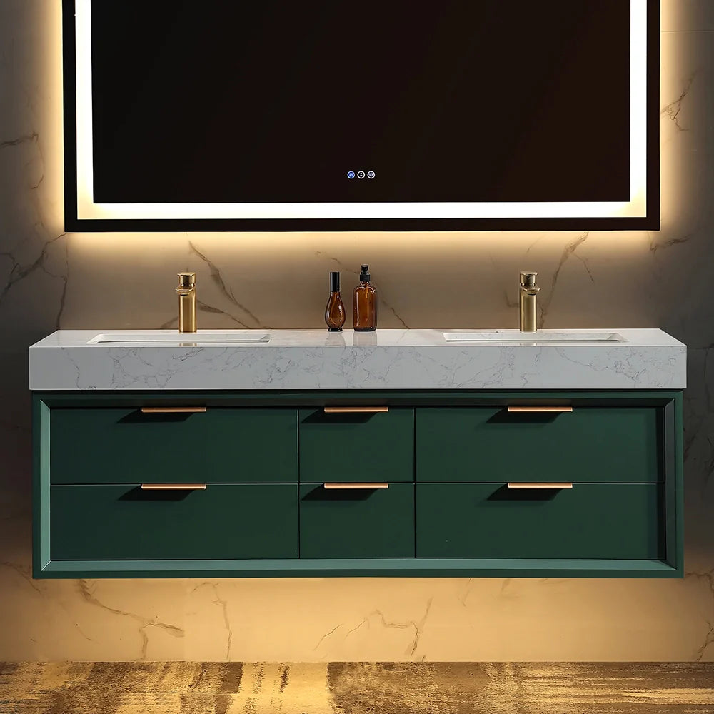 60 Inch Wall Mounted Double Bathroom Vanity with Marble Countertop