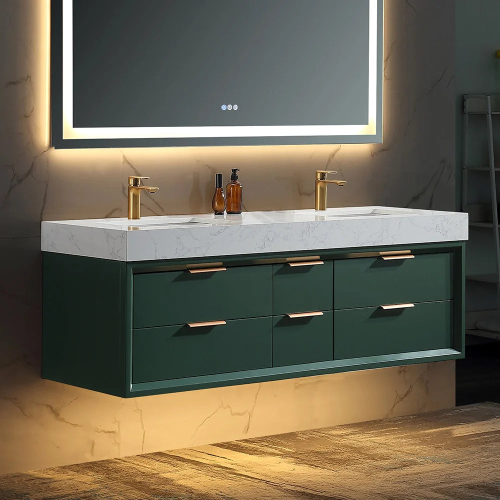 60 Inch Wall Mounted Double Bathroom Vanity with Marble Countertop