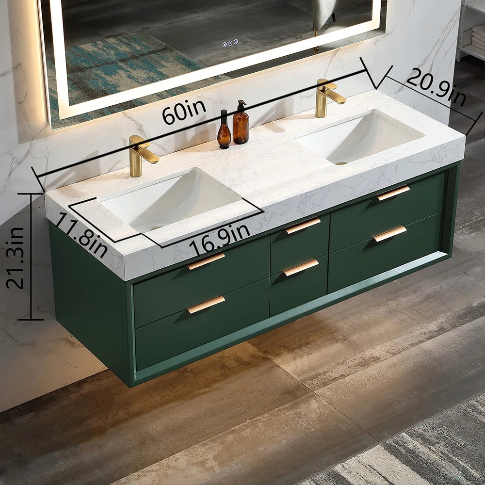 60 Inch Wall Mounted Double Bathroom Vanity with Marble Countertop