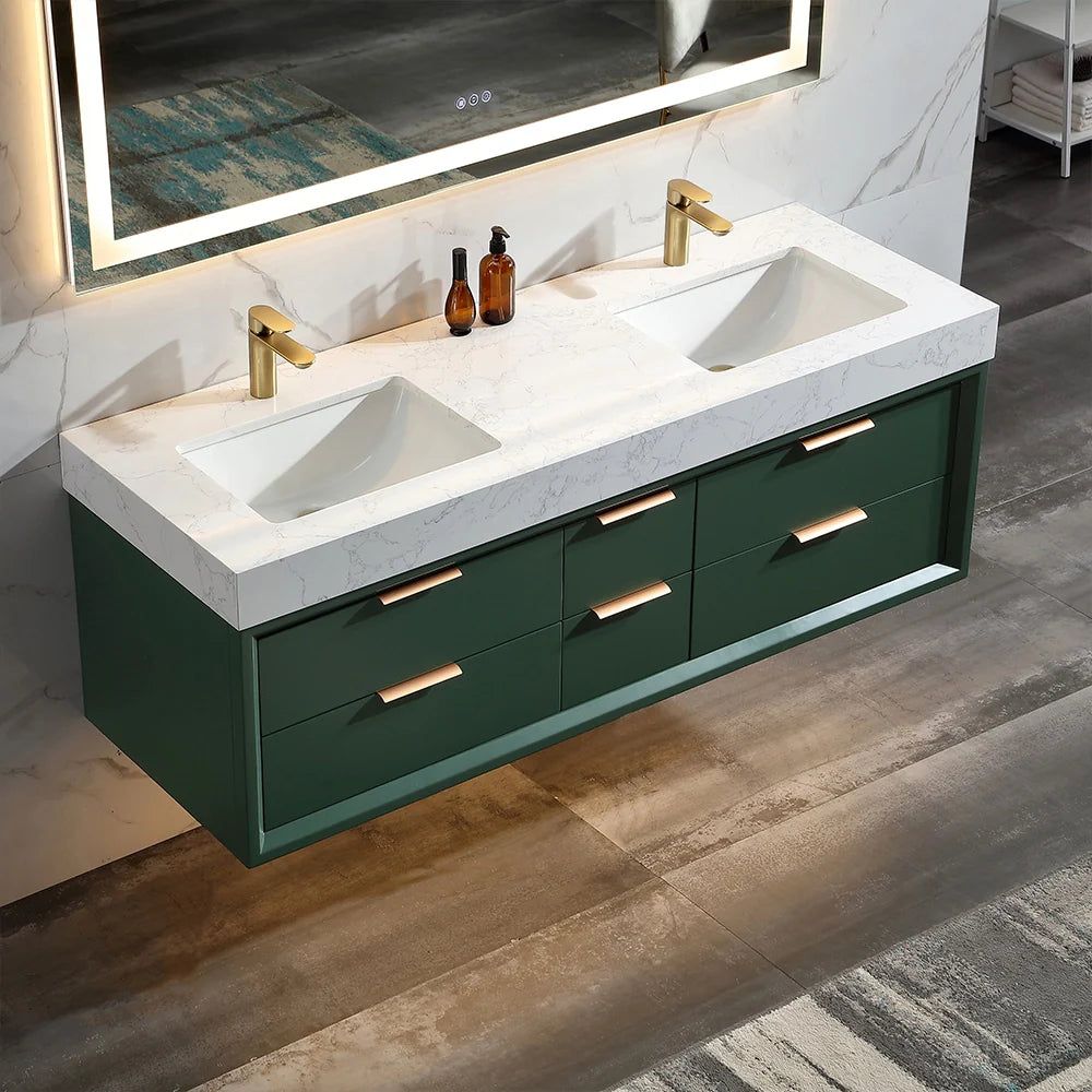 60 Inch Wall Mounted Double Bathroom Vanity with Marble Countertop